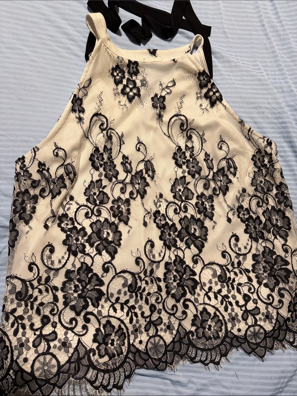 Suzy Shier Cream Skirt with Black Floral Lace Overlay